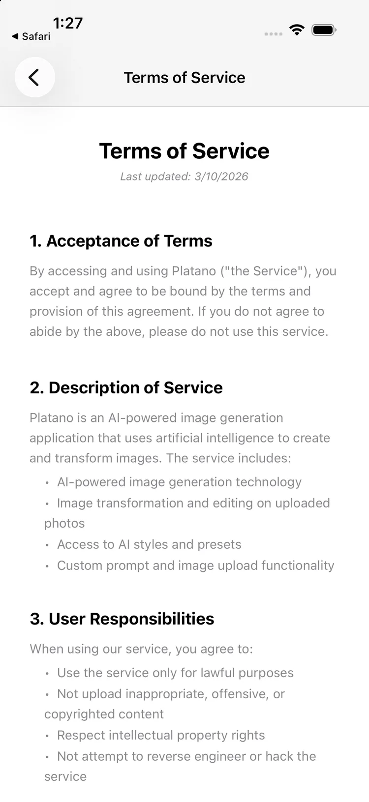 platano — Terms of service