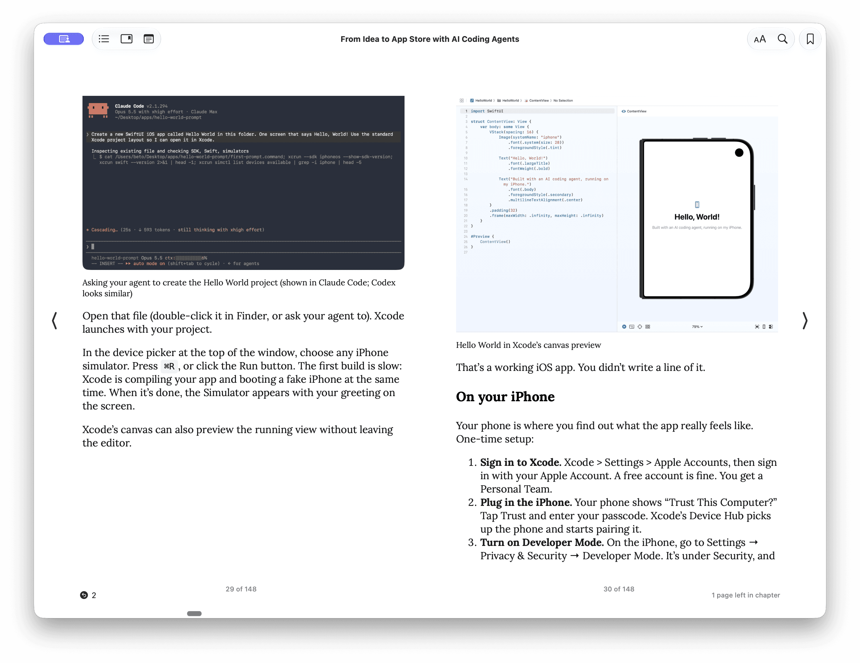 Two pages from the book in Apple Books, showing a Hello World prompt in Claude Code and the resulting iPhone app in Xcode's canvas.